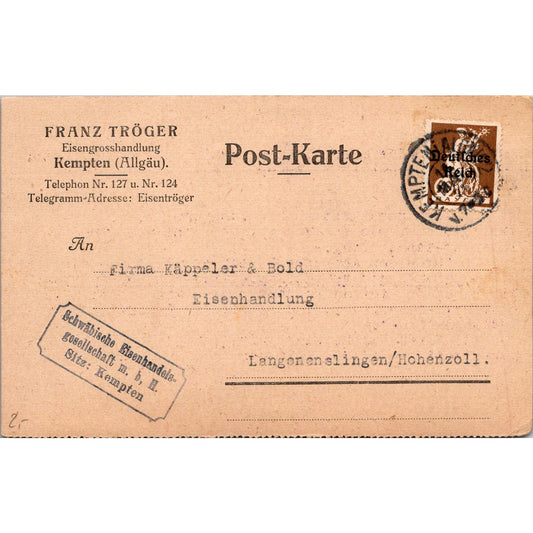 Franz Tröger Eisengroßhandlung Kempten Allgäu 1921 German Reich Postcard AH4-M1