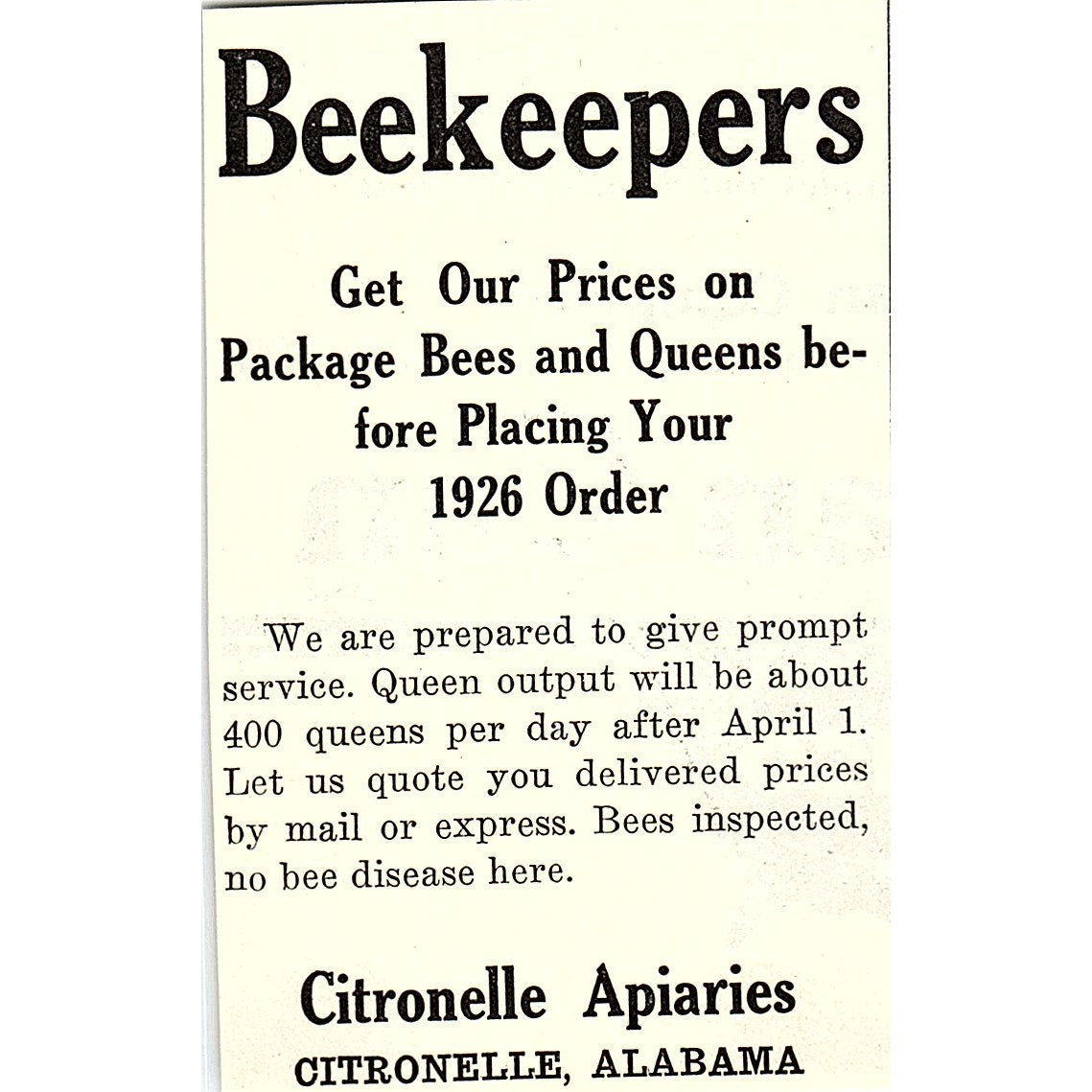 Citronelle Apiaries Citronelle Alabama 1926 Ad AG3-M8