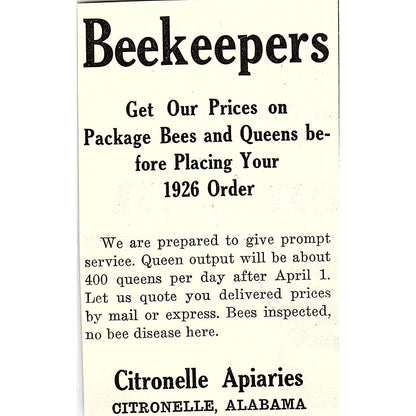 Citronelle Apiaries Citronelle Alabama 1926 Ad AG3-M8