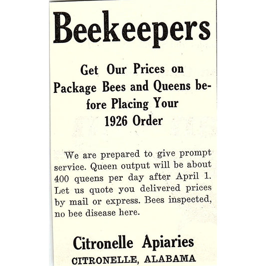 Citronelle Apiaries Citronelle Alabama 1926 Ad AG3-M8