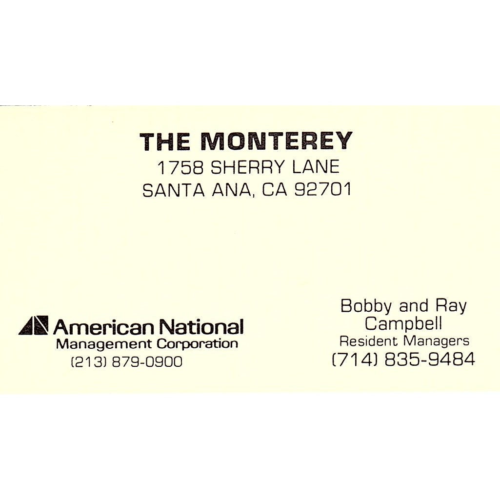 Bobby & Rey Campbell the Monterey Sherry Lane Santa Ana CA Business Card SE3-B14