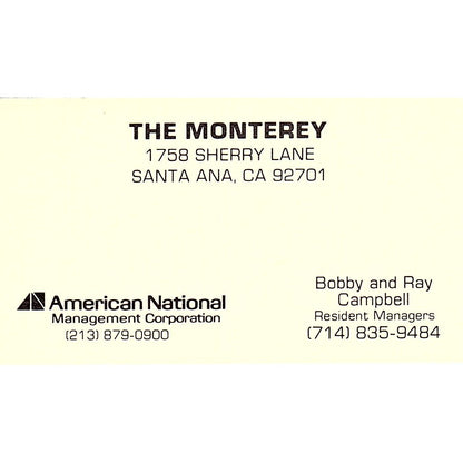 Bobby & Rey Campbell the Monterey Sherry Lane Santa Ana CA Business Card SE3-B14
