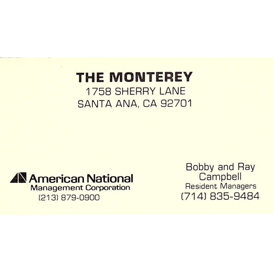 Bobby & Rey Campbell the Monterey Sherry Lane Santa Ana CA Business Card SE3-B14