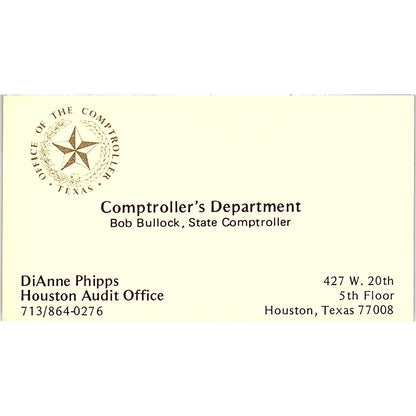 Comptroller's Department Dianne Phipps Houston TX Vintage Business Card SF3-B3