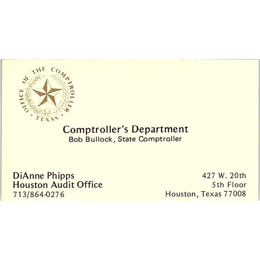 Comptroller's Department Dianne Phipps Houston TX Vintage Business Card SF3-B3