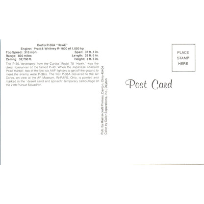 Curtis P-36A Hawk Vintage Postcard TG8-PC