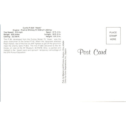 Curtis P-36A Hawk Vintage Postcard P4-5