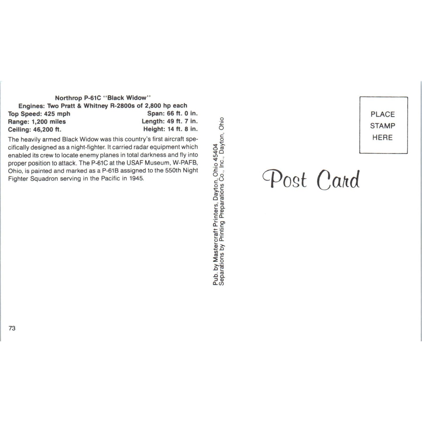 Northrop P-61C Black Widow Vintage Postcard PC1