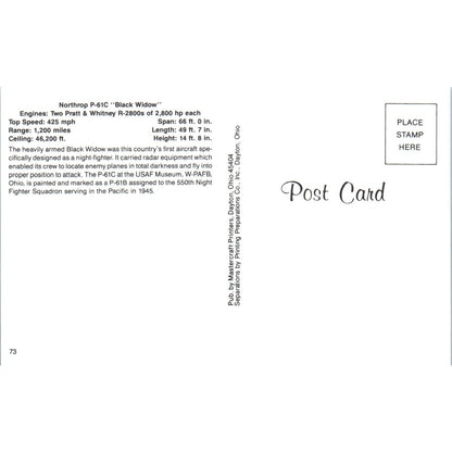 Northrop P-61C Black Widow Vintage Postcard PC1