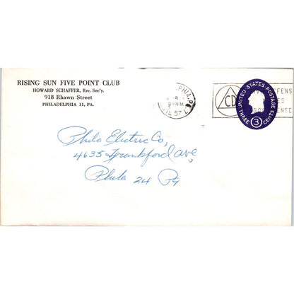 1957 Rising Sun Five Point Club Howard Schaffer Philadelphia Postal Cover TG7PC3