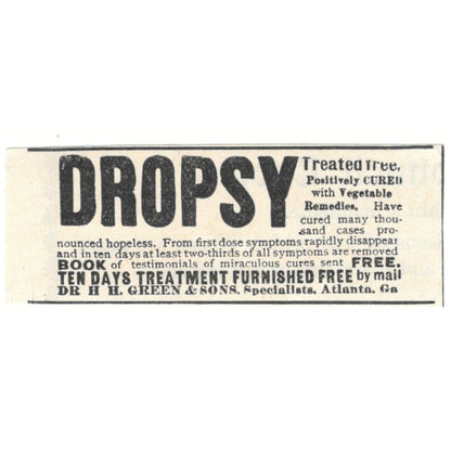 Dropsy Treatment H.H. Green & Sons Atlanta GA c1890 Victorian Ad AE9-CH3