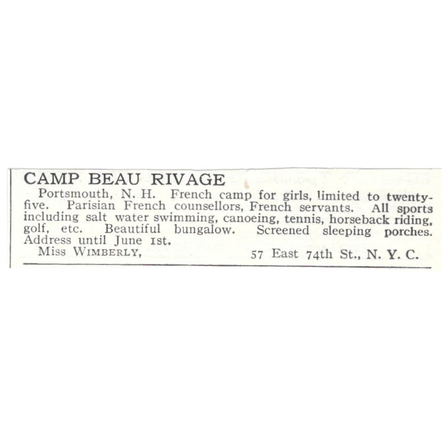 Camp Beau Rivage Portsmouth Miss Wemberly c1918 Original Advertisement AE5-SA6