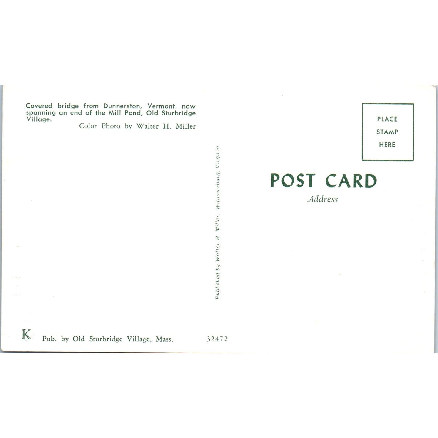 Mill Pond Dummerston Vermont Covered Bridge Postcard PB12