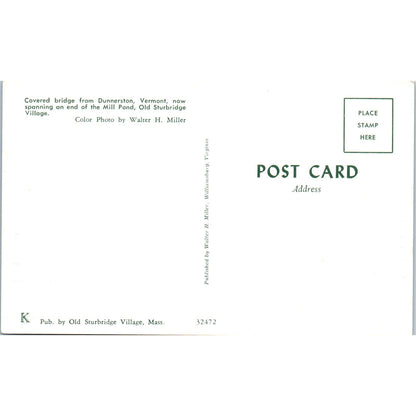 Mill Pond Dummerston Vermont Covered Bridge Postcard PB12
