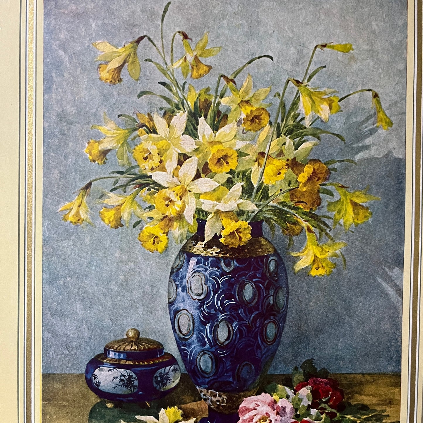 Daffodils in Blue Vase Still Life Lithograph Vintage Art Print 9x12 V5