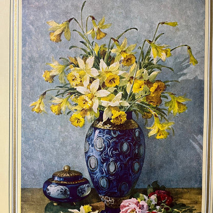 Daffodils in Blue Vase Still Life Lithograph Vintage Art Print 9x12 V5