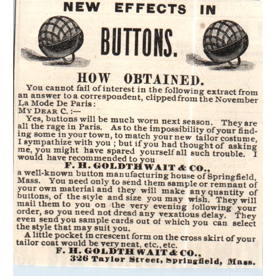 F.W. Goldthwait & Co Buttons Springfield MA c1890 Victorian Ad AE8-CH9