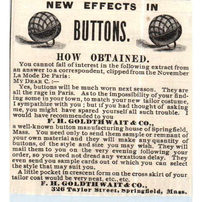 F.W. Goldthwait & Co Buttons Springfield MA c1890 Victorian Ad AE8-CH9