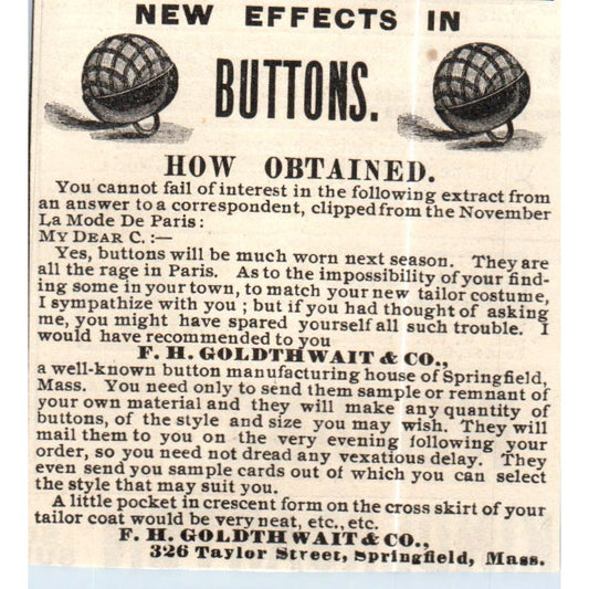 F.W. Goldthwait & Co Buttons Springfield MA c1890 Victorian Ad AE8-CH9