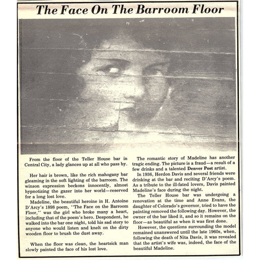 The Face on The Barroom Floor Teller House Bar Central City 1984 Article AG1-3