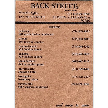 Back Street Feminine Attire Tustin CA Vintage Business Card TH2-B1