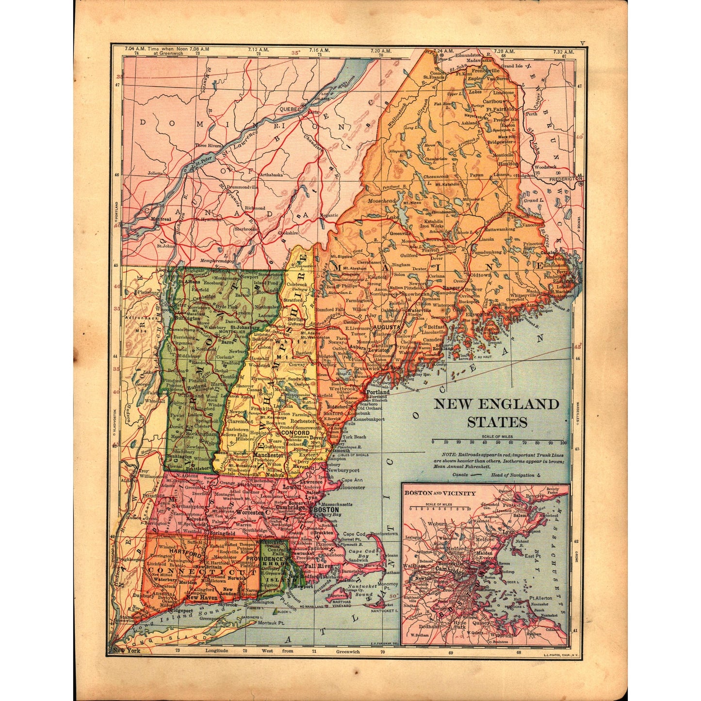 Map of USA Central States / New England States 1901 Original Engraving V1-1