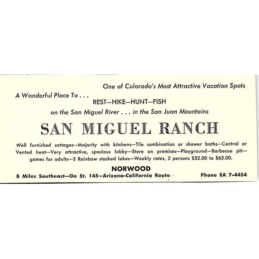 San Miguel Ranch Norwood CO 1958 Ad AG1-M1