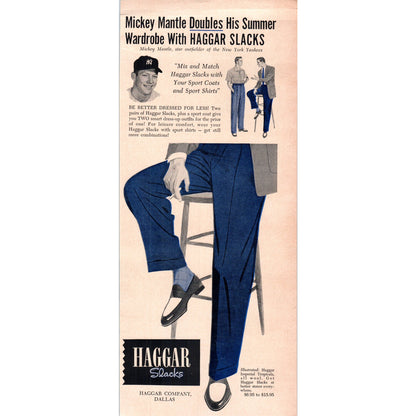 Vintage Haggar Slacks Mickey Mantle Yankees MLB Baseball Magazine Ad 5x13" V1-1