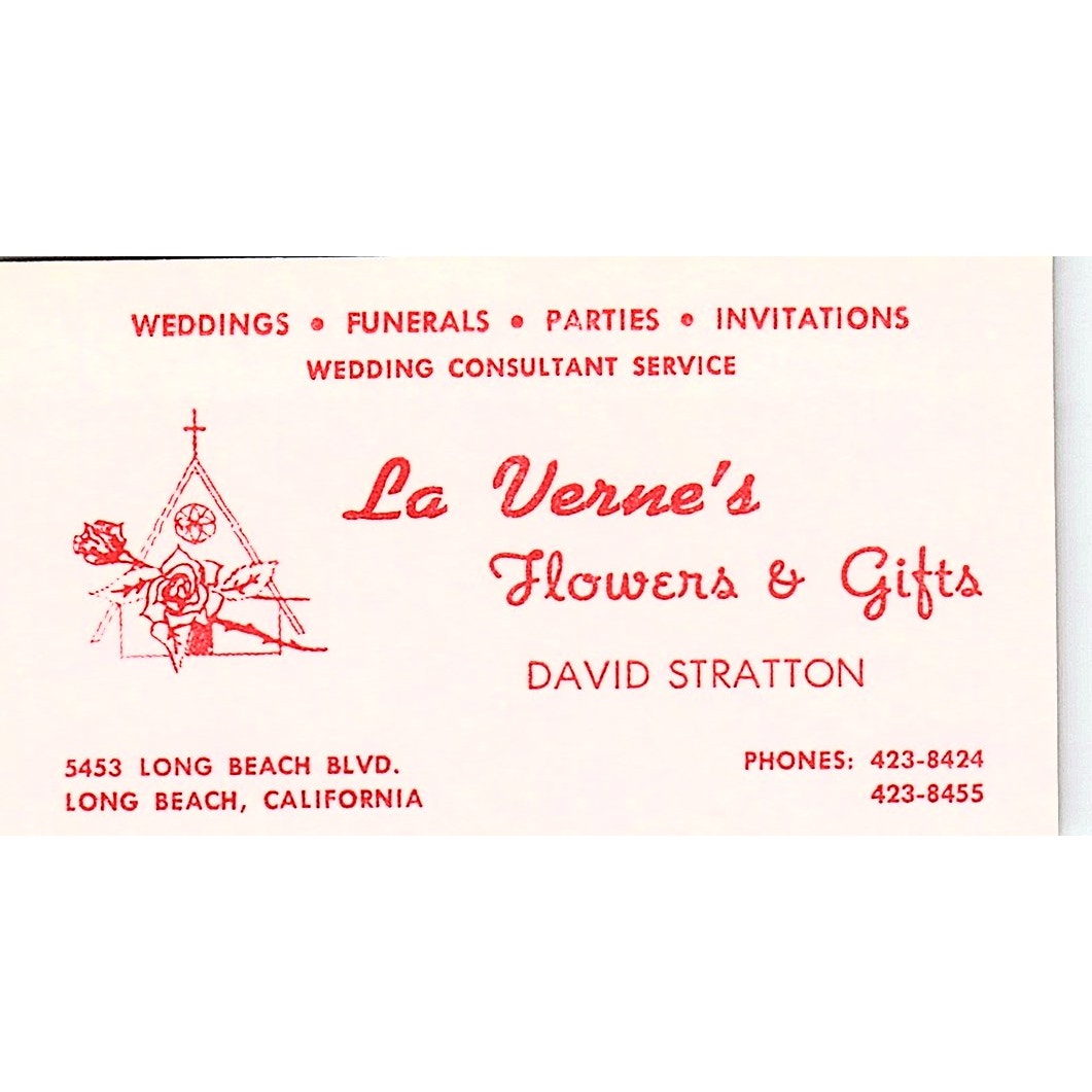 La Verne's Flowers & Gifts, DAVID STRATTON, LB, CA vintage Business Card SF3-B8