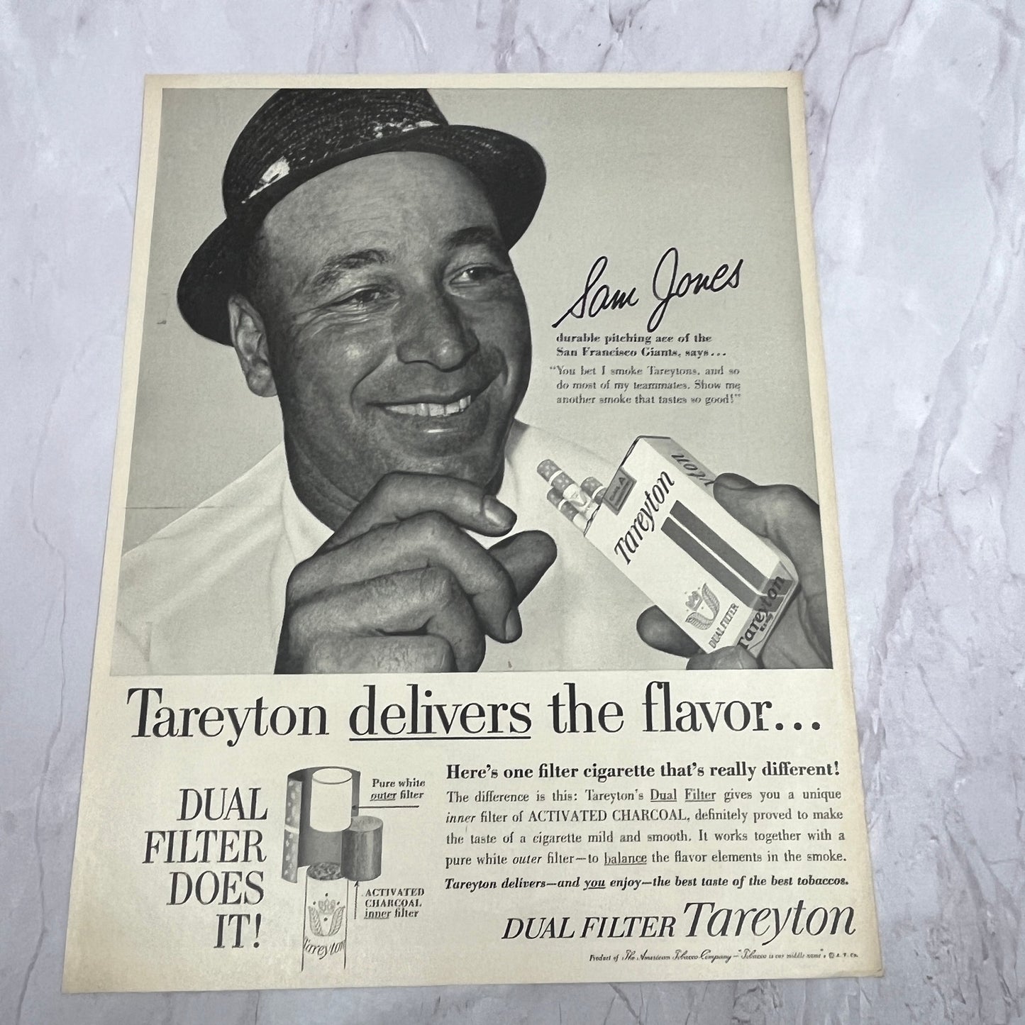 Sam Jones San Francisco Giants MLB Tareyton Vintage 9.5x12 Ad V14-5