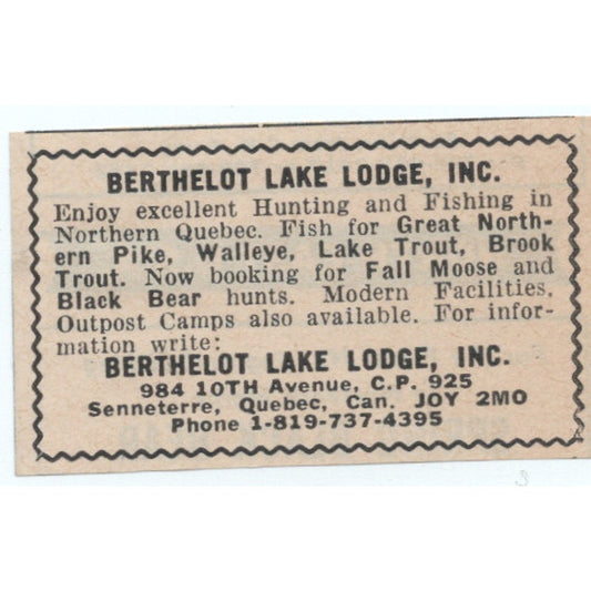 Berthelot Lake Lodge Senneterre Quebec Canada 1977 Ad AF6-M4