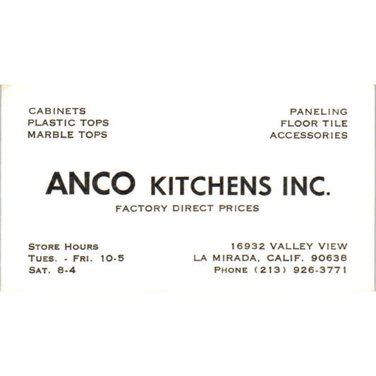 ANCO Kitchens Inc La Mirada CA Vintage Business Card SD8-B13