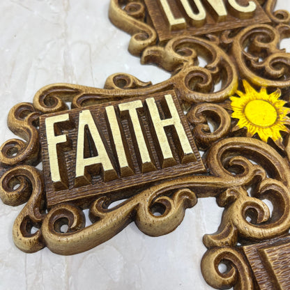 1970s Kitsch Cross Love Faith Hope Wall Plaque Multi-Products Resin 11” TD5