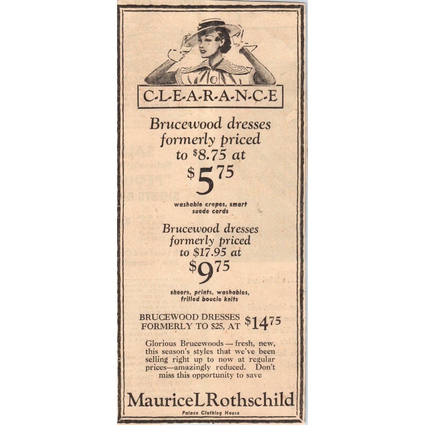 Maurice L. Rothschild Brucewood Dresses 4x8" 1935 Minneapolis Journal Advert D10