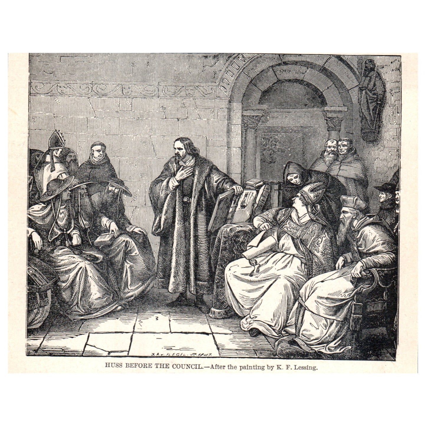 Huss Before the Council K.F. Lessig 1911 Engraving Print AF5-7