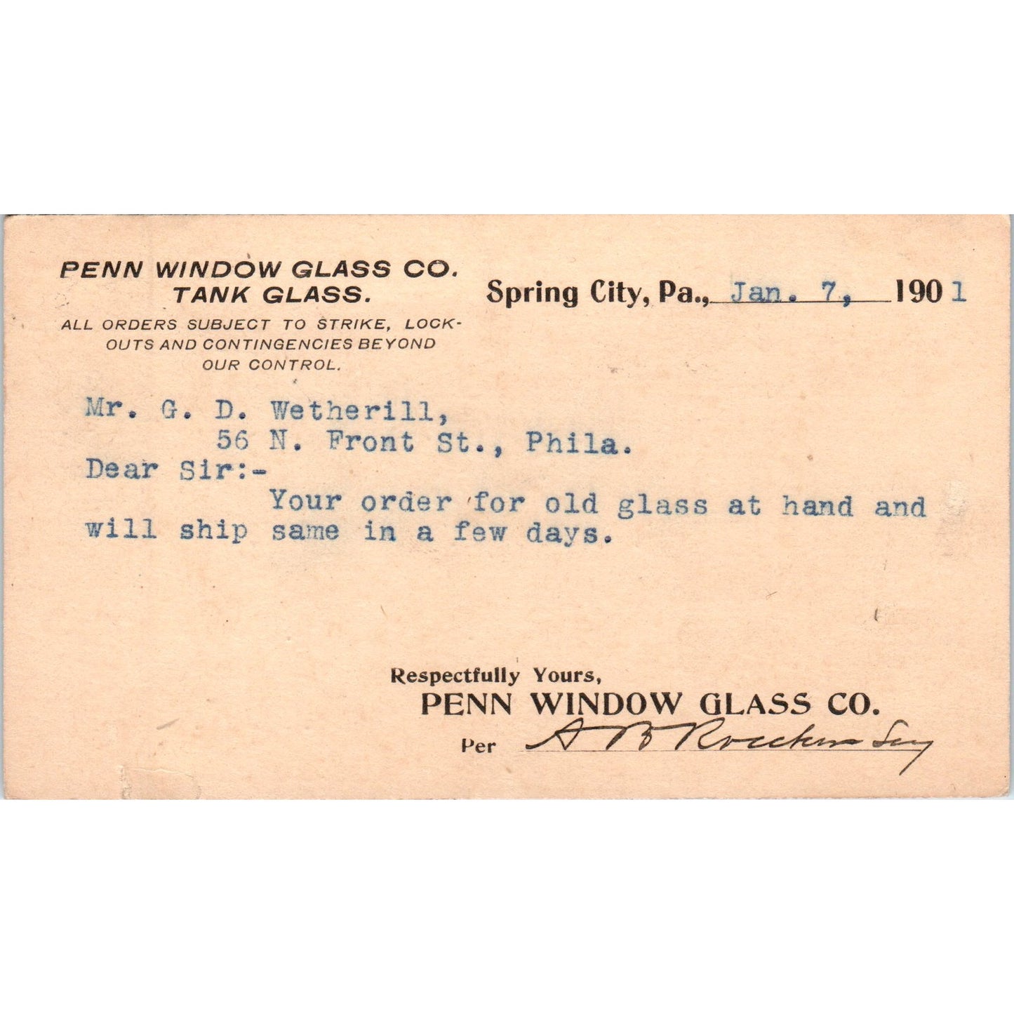 1901 Penn Window Glass Co. Spring City PA Postal Mailing Card PE4