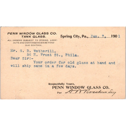 1901 Penn Window Glass Co. Spring City PA Postal Mailing Card PE4