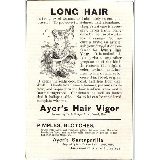 Ayer's Sarsaparilla Long Hair Vigor c1890 Victorian Ad AE8