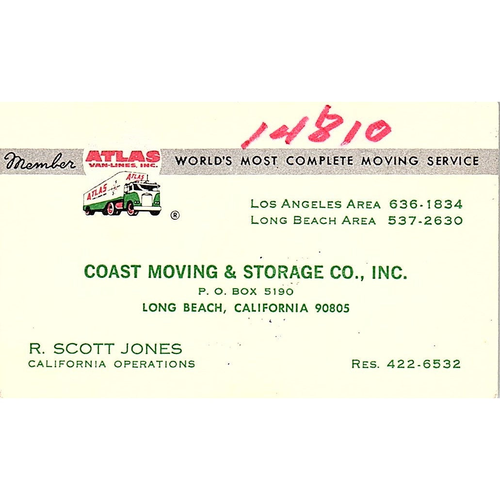 Coast Moving & Storage R. Scott Jones Long Beach CA Vintage Business Card SB4-B6