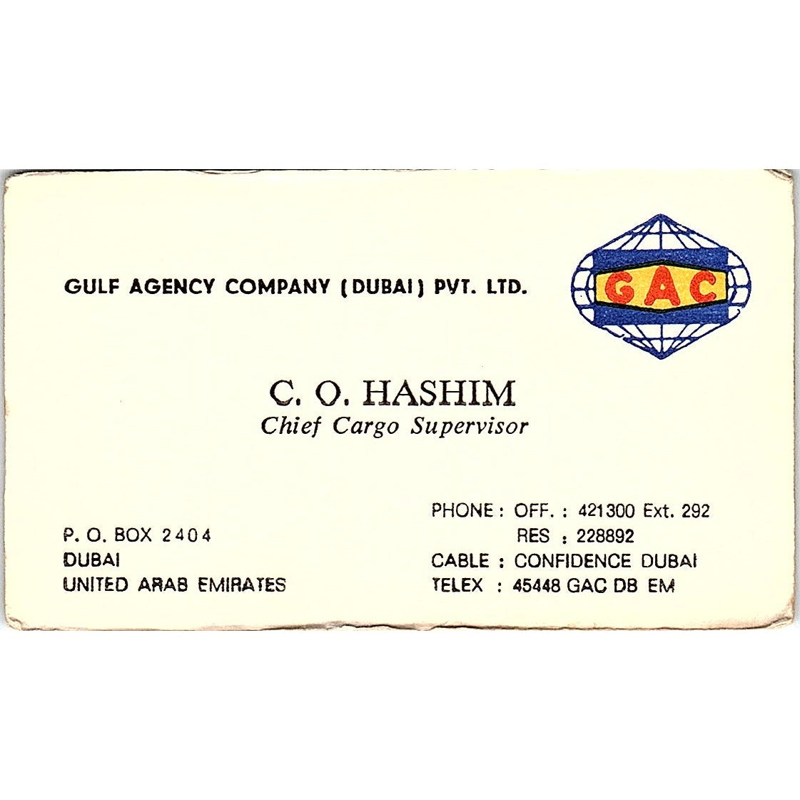 Gulf Agency Company (Dubai) C.O. Hashim Dubai UAE Business Card SB4-B11