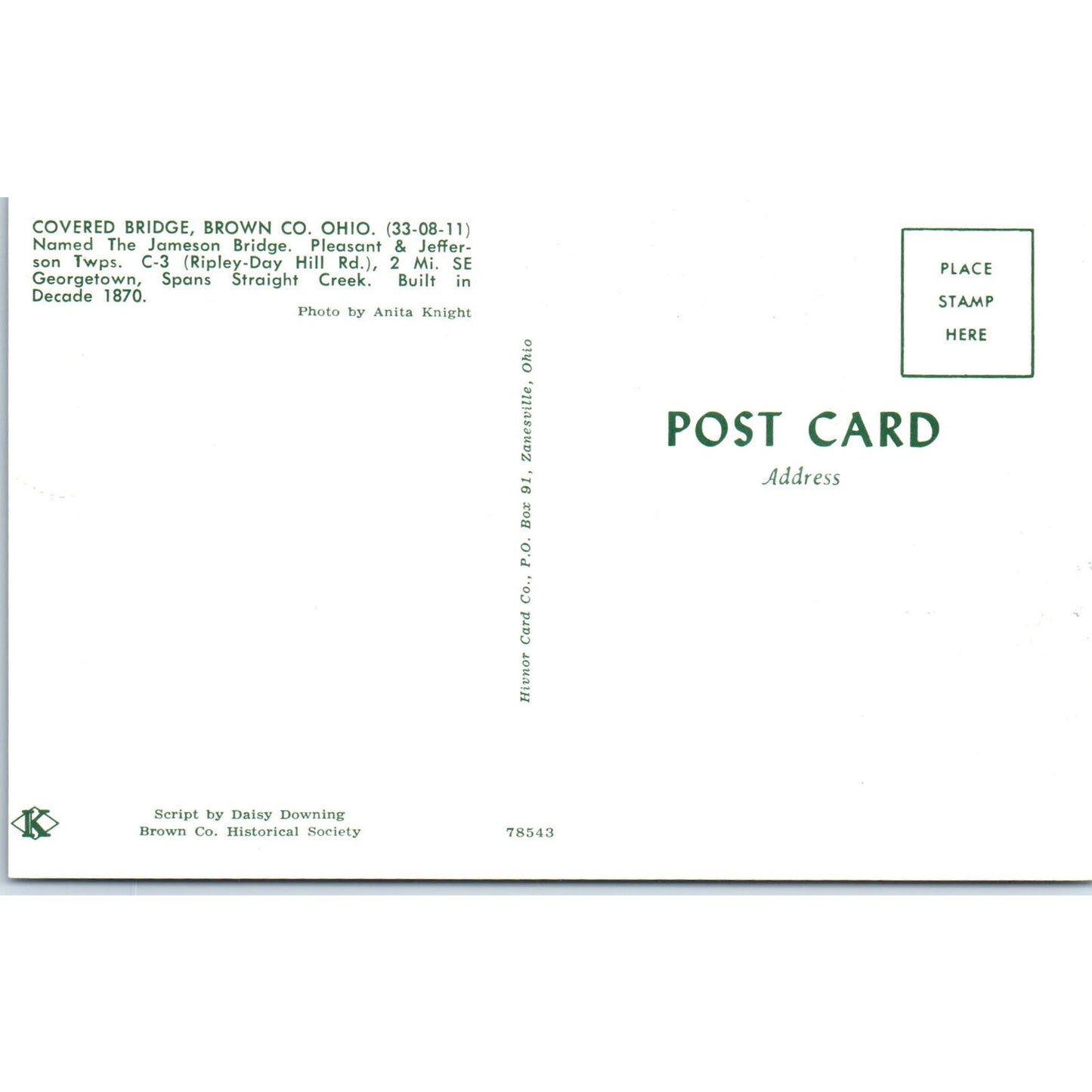 Jameson Bridge Brown Co Georgetown Straight Creek Covered Bridge Postcard PB10