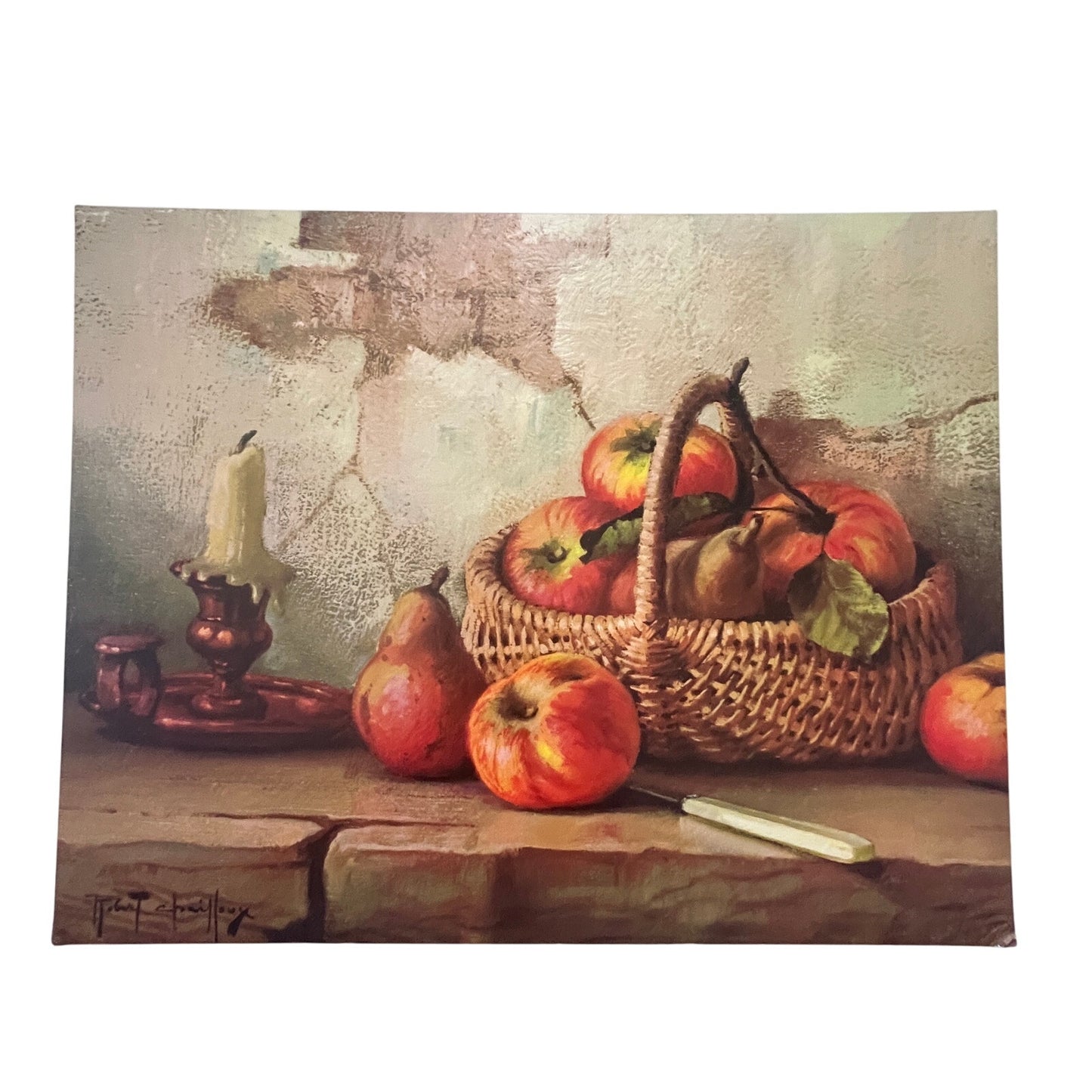 Robert Chailloux Still Life w/ Basket of Apples Litho 11x14" on Masonite TG2-OB