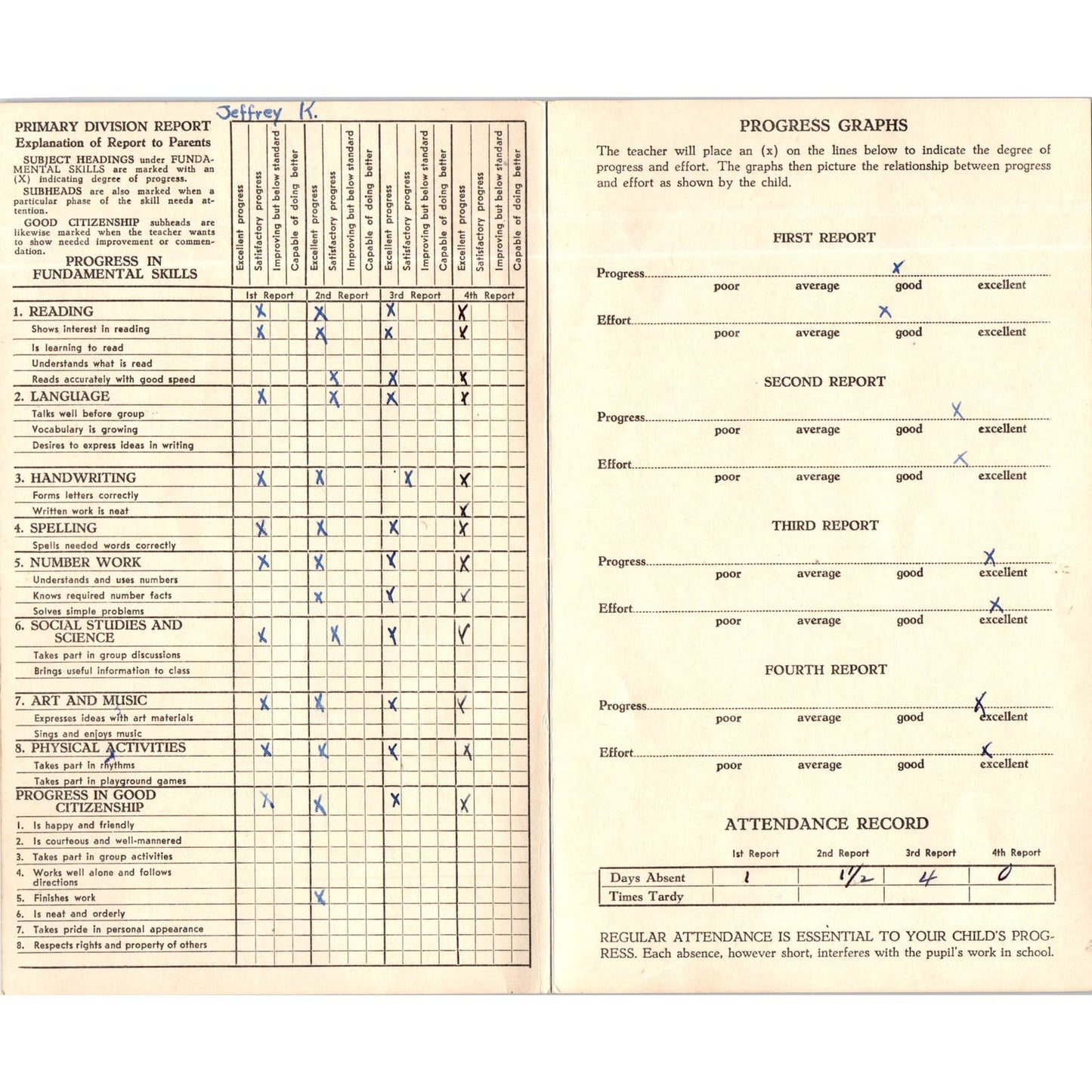 1953-54 Fresno City Schools Fresno CA Report Card Jeffrey Kormos Grade 2 AB9