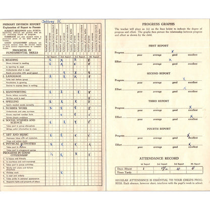 1953-54 Fresno City Schools Fresno CA Report Card Jeffrey Kormos Grade 2 AB9