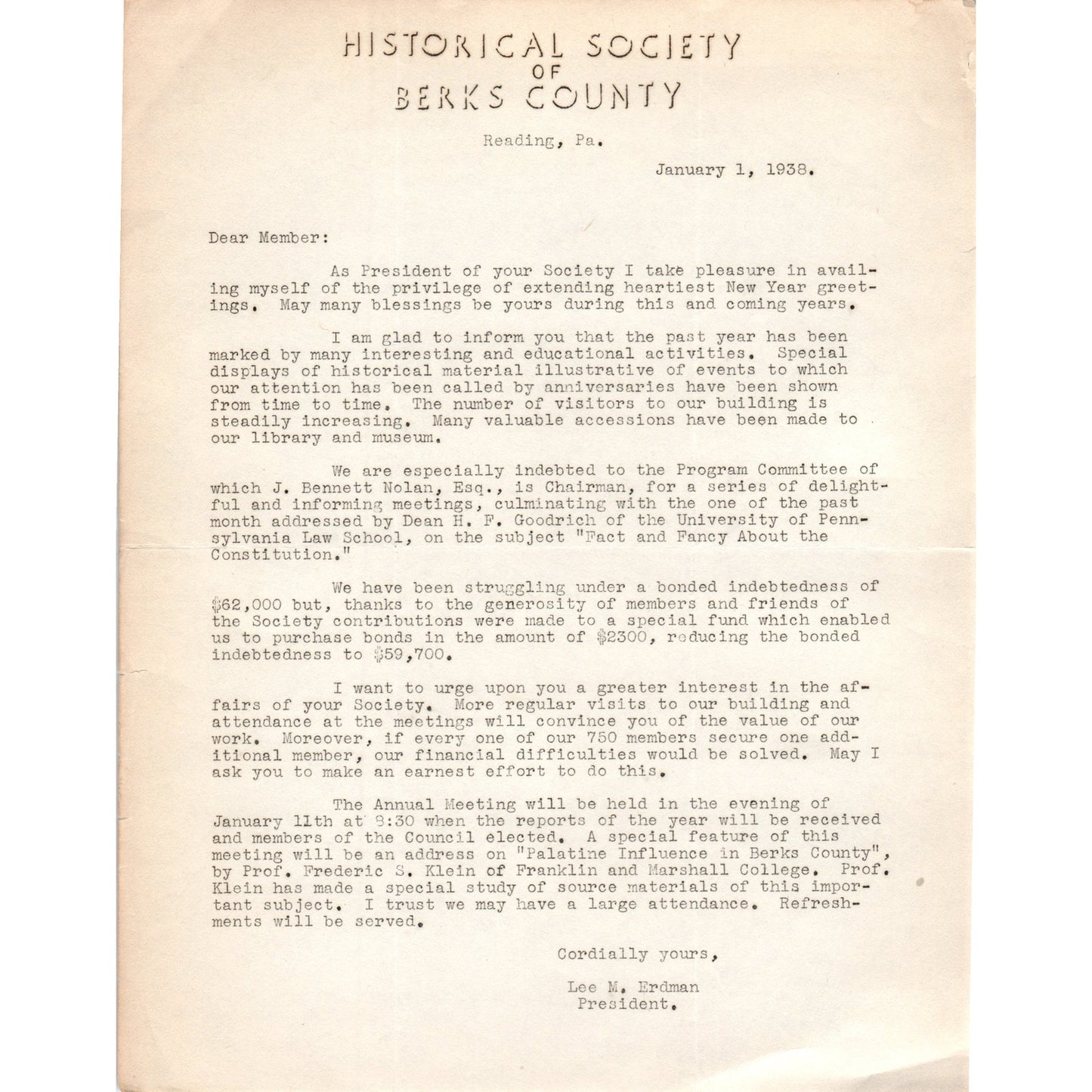 1938 Berks County Historical Society Reading PA Lee Erdman Letterhead Memo D20