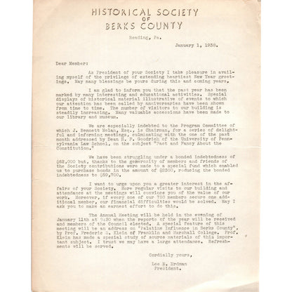 1938 Berks County Historical Society Reading PA Lee Erdman Letterhead Memo D20