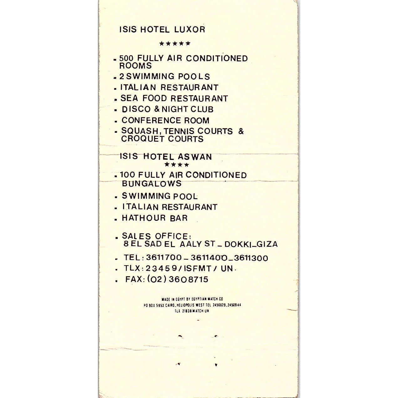 Isis Hotels Luxor Aswan Vintage Matchbook TB6-MB2-7