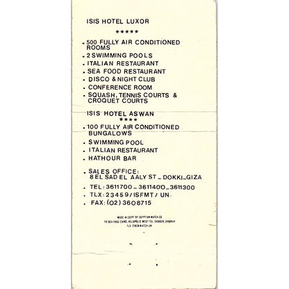 Isis Hotels Luxor Aswan Vintage Matchbook MM4-10