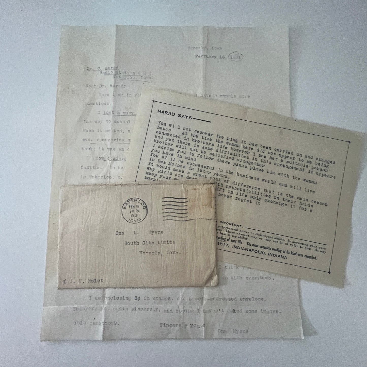 1931 Dr. C. Harad Waterloo IA Astrological Reading for Ona L Myers Waverly K23