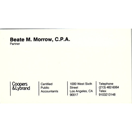 Beate M Morrow Coopers & Lybrand CPA Los Angeles Vintage Business Card SD9-B1